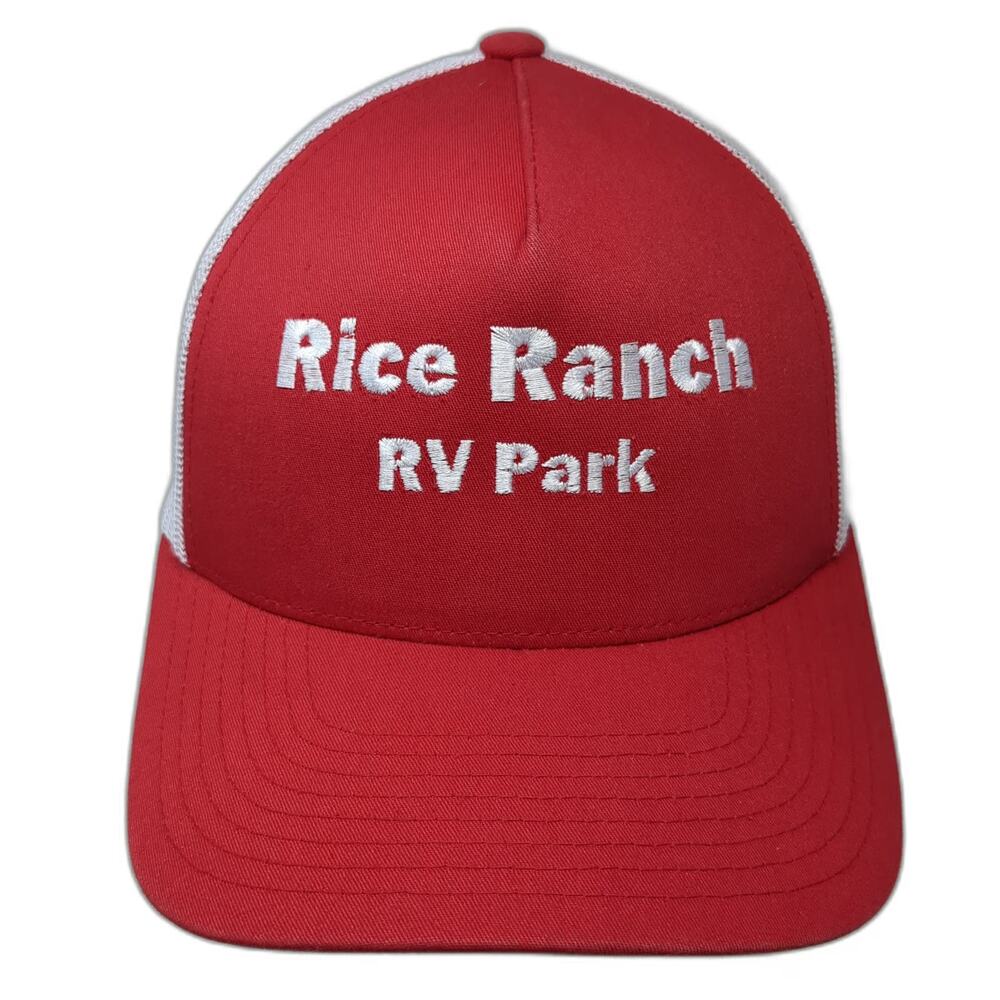 Yupoong Trucker Hat Red White OSFM Rice Ranch RV Park Mesh Snapback Curved Brim